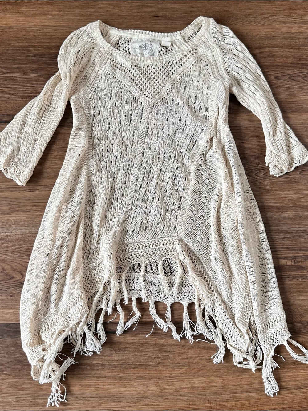 Anthropologie Crochet Knit Fringe Tunic Cream Women Small Boho Festival Cottage
